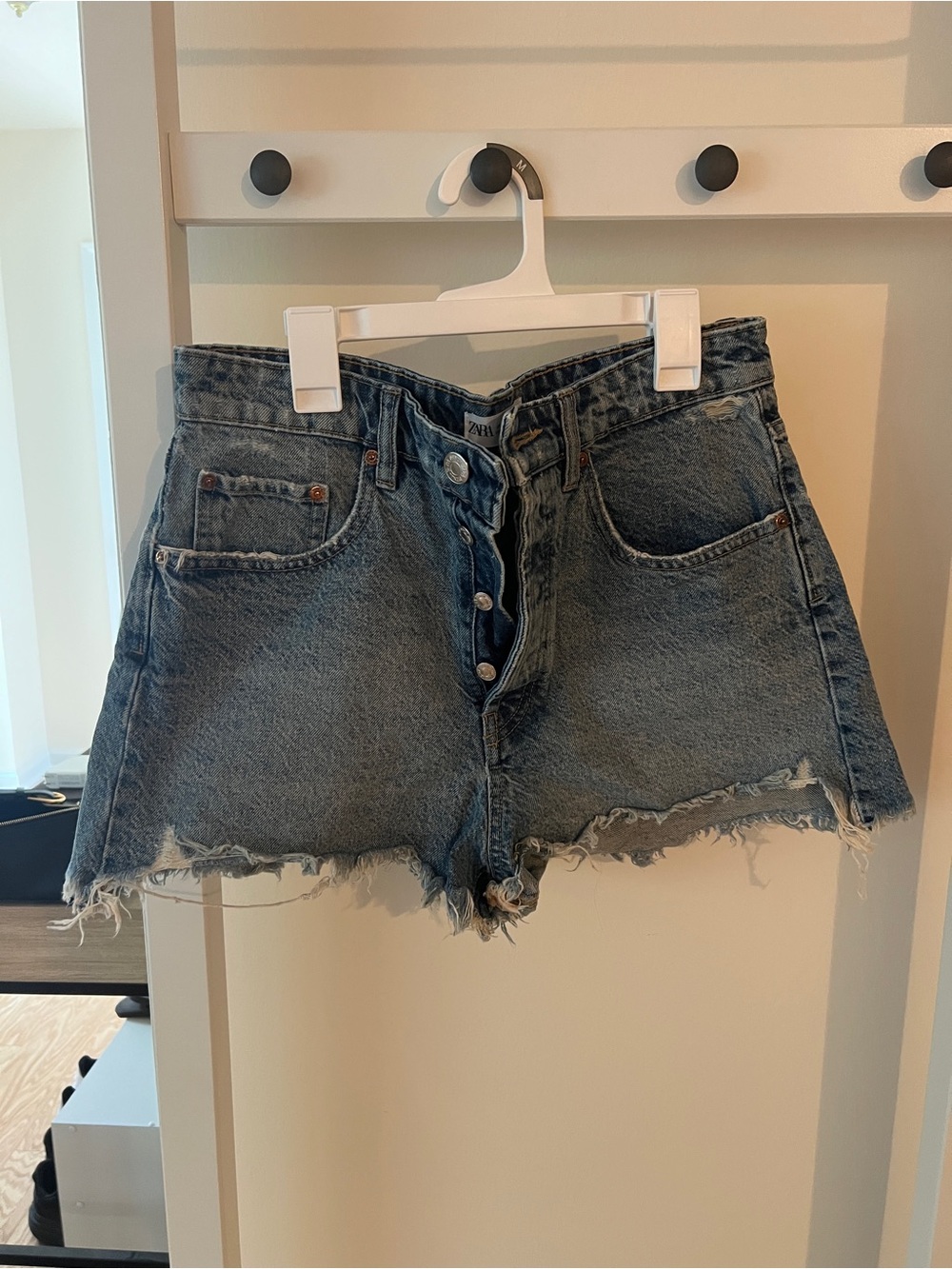 Zara Distressed High Waisted Jean Shorts - Blue